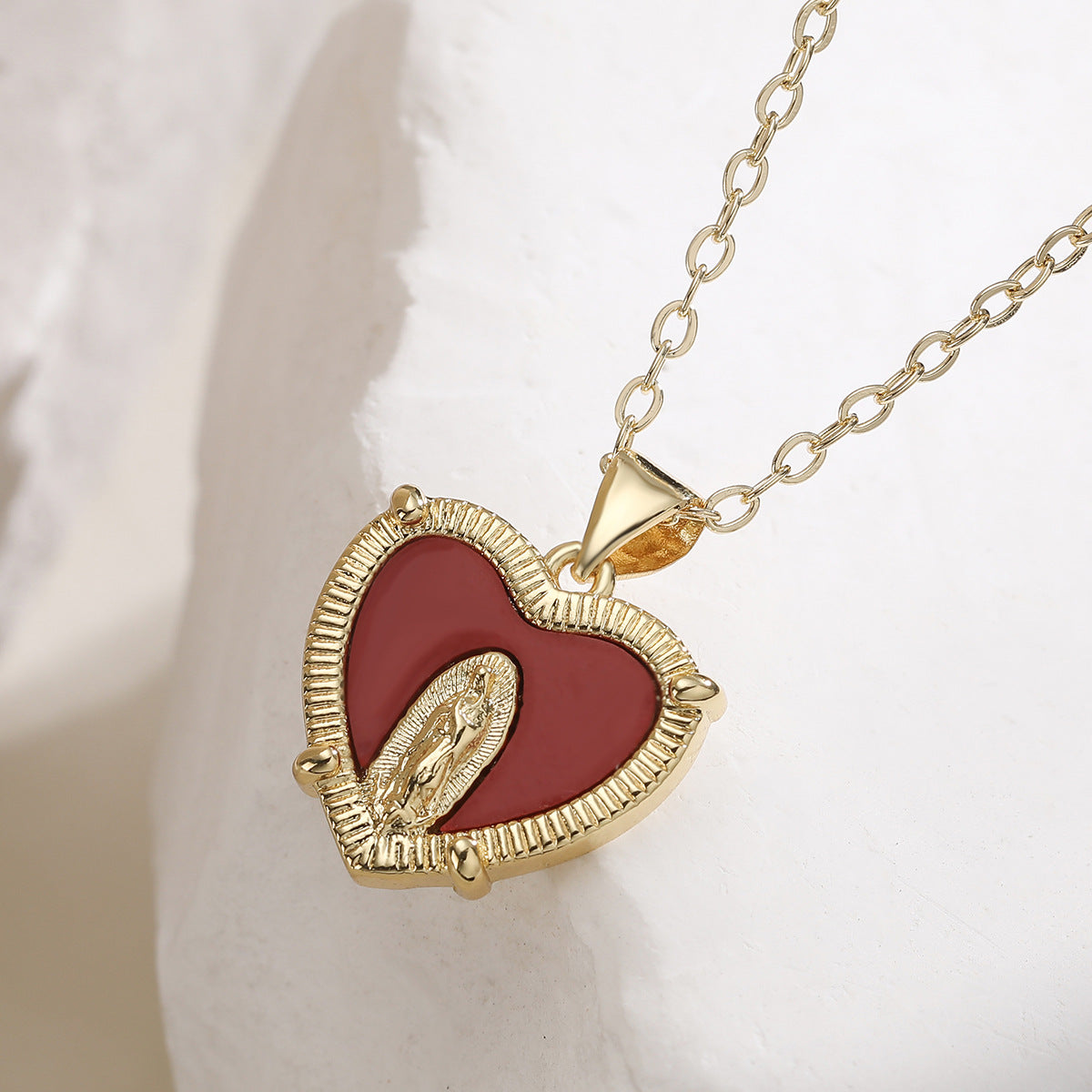 Minimalist Gold Plated Brass Heart Virgin Mary Pendant Necklace for Women