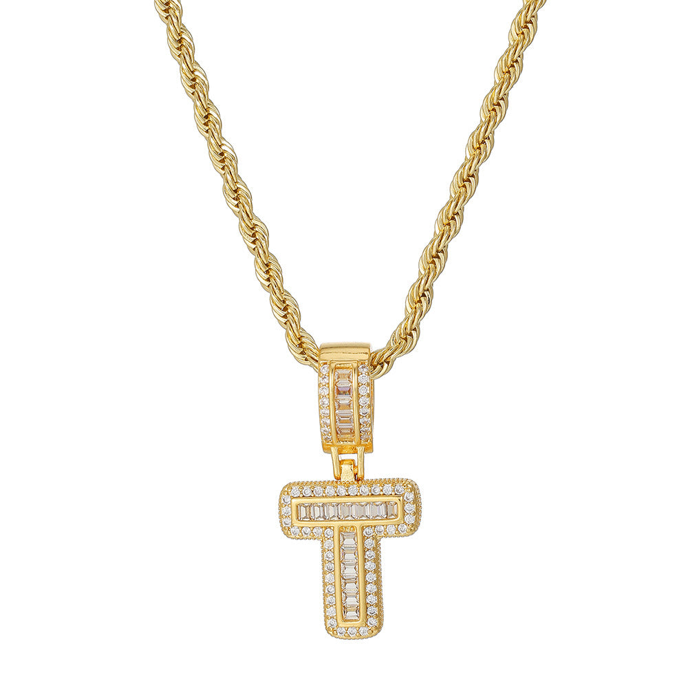 Personalized 18K Gold Plated Brass Cubic Zirconia Letter Pendant Necklace with Stainless Steel Rope Chain