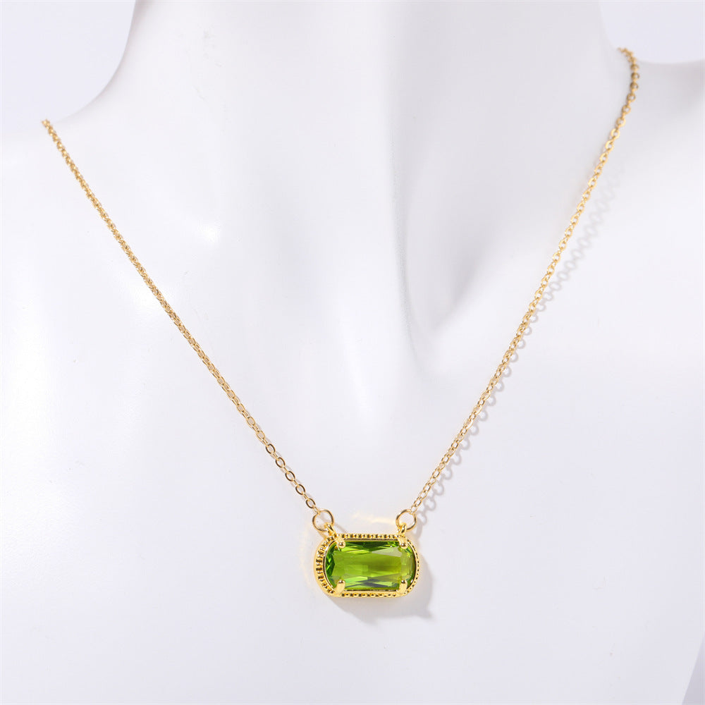 Elegant Oval Green Zircon Necklace in Copper with Electroplated Finish for Women