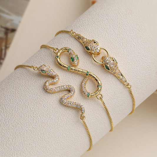 Vintage Luxury 18K Gold Plated Brass Snake Chain Bracelet with Cubic Zirconia for Women