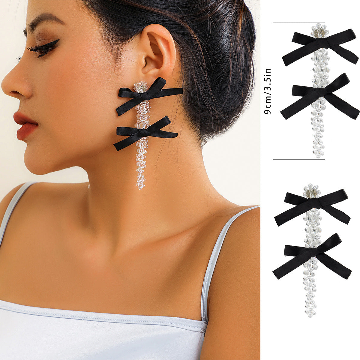 Aretes tipo broquel con borlas, lazos, perlas de imitación y flores de cristal estilo bohemio exagerado para mujer