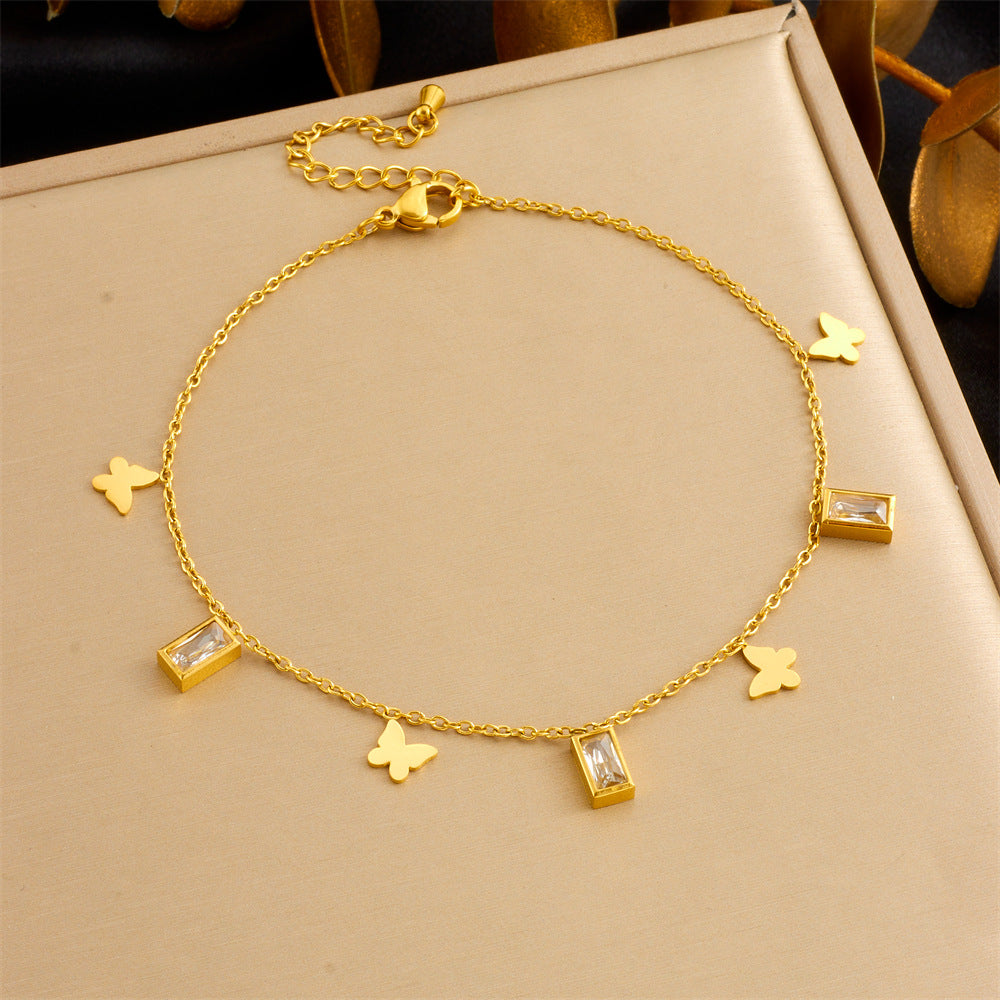 Minimalist Colorful Geometric Glass Rhinestone Butterfly Heart Stainless Steel Anklet