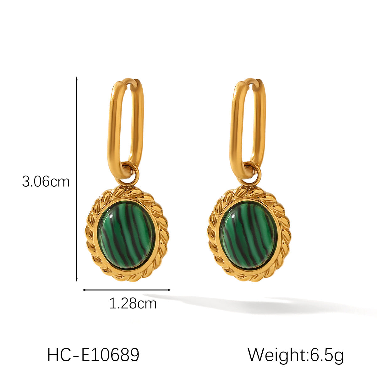 Vintage French Style Oval Stainless Steel Plated Earrings with Natural Malachite Inlay for Women