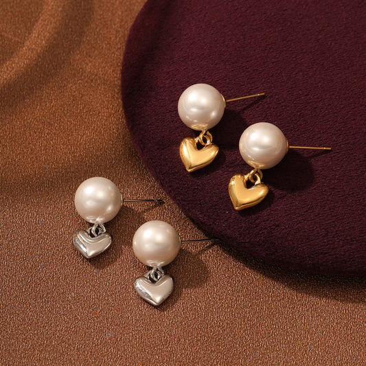 Retro French Style Heart-Shaped Titanium Steel Earrings for Women with Pearl Accents and Plated Finish