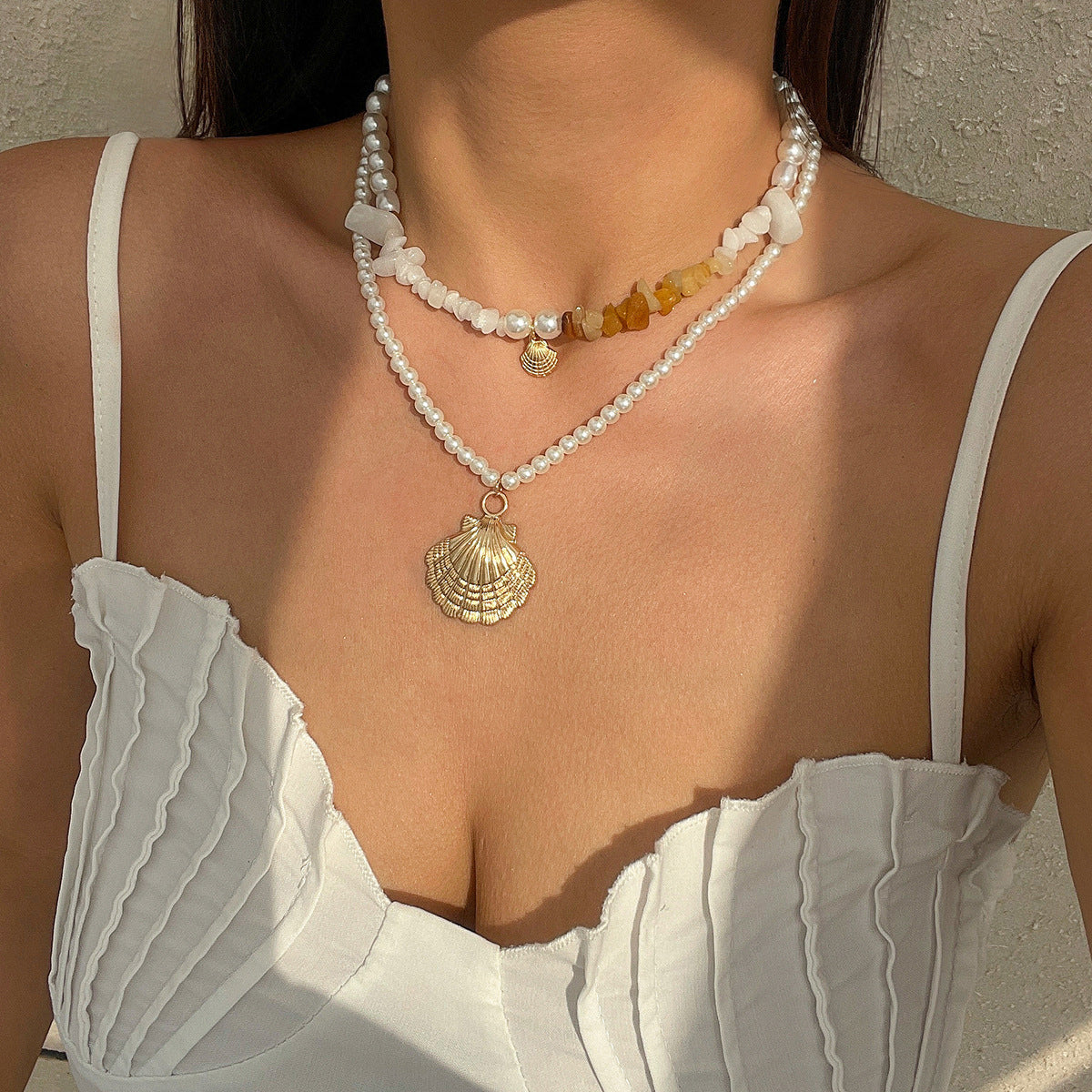 Vintage Bohemian Baroque Imitation Pearl Shell Beaded Ball Chain Necklace for Women