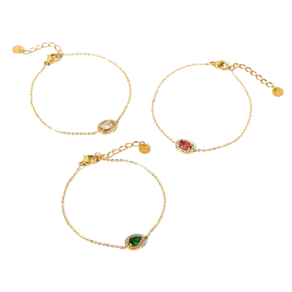 Minimalist Luxe Round Geometric Stainless Steel Bracelet with Zircon Inlay and 18K Vacuum Plating for Women