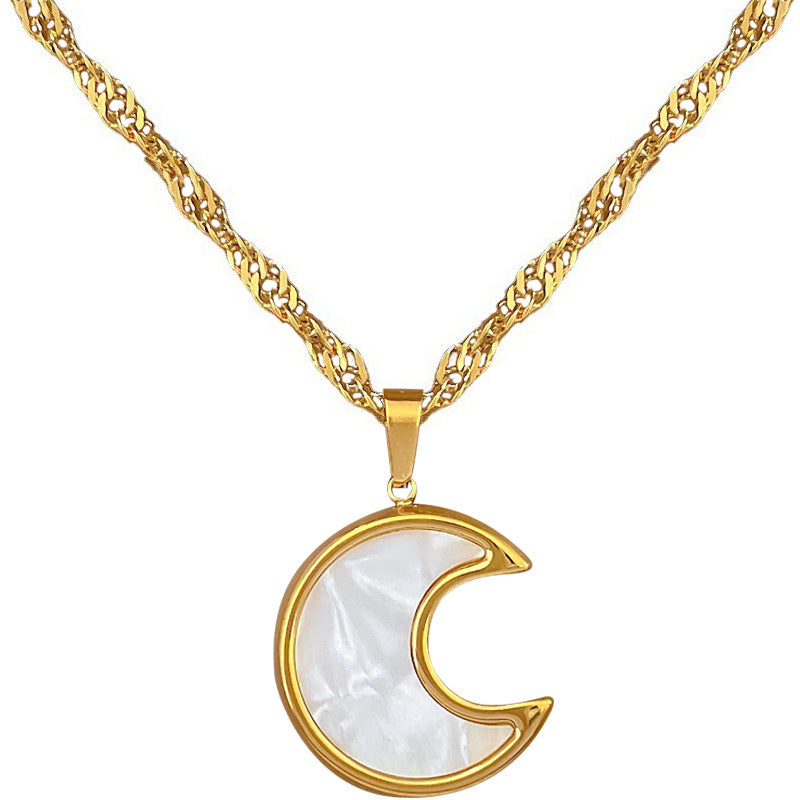 Minimalist Titanium Steel Geometric Moon and Shell Pendant Necklace for Women Gold-Plated Clavicle Chain