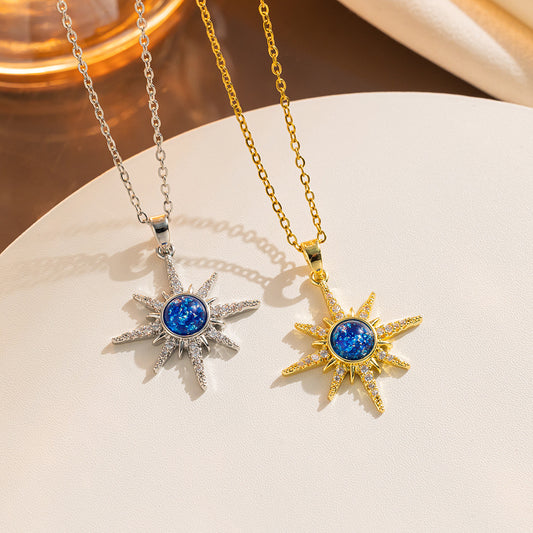 Collana con Ciondolo a Stella e Pianeta Geometrico di Lusso da Donna con Intarsio di Zirconi su Catena a O in Acciaio al Titanio