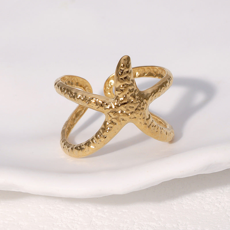 Minimalist Star-Shaped Stainless Steel Adjustable Open Ring for Women with Plated Finish