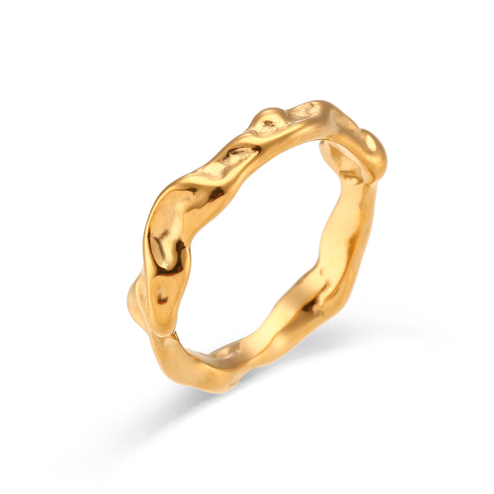 Minimalist Geometric Stainless Steel Gold-Plated Irregular Surface Ring for Women