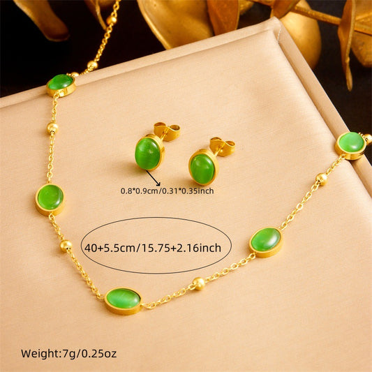 Vintage Elegant Oval Geometric Plated Stainless Steel Necklace Earring Bracelet Set for Women