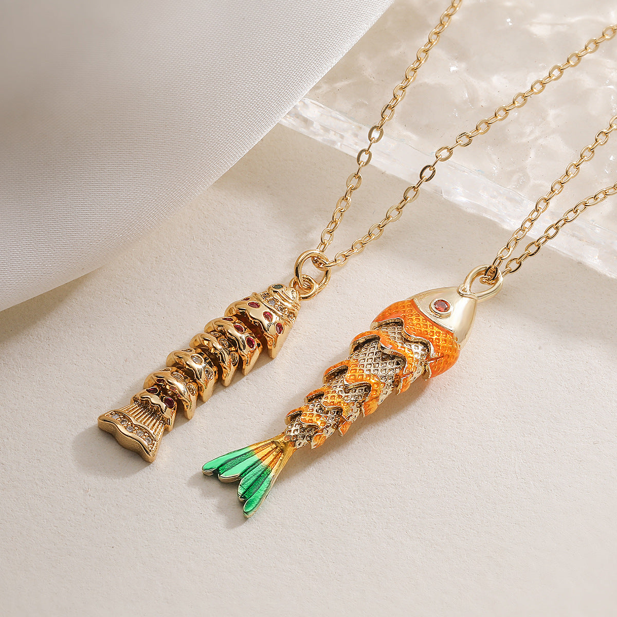 Minimalist 18K Gold Plated Brass Geometric Cubic Zirconia Koi Pendant Necklace for Women