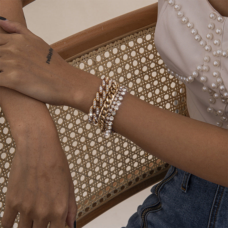 Minimalist Hip-hop Rhinestone Inlaid Geometric Cuban Link Chain Bracelet for Women
