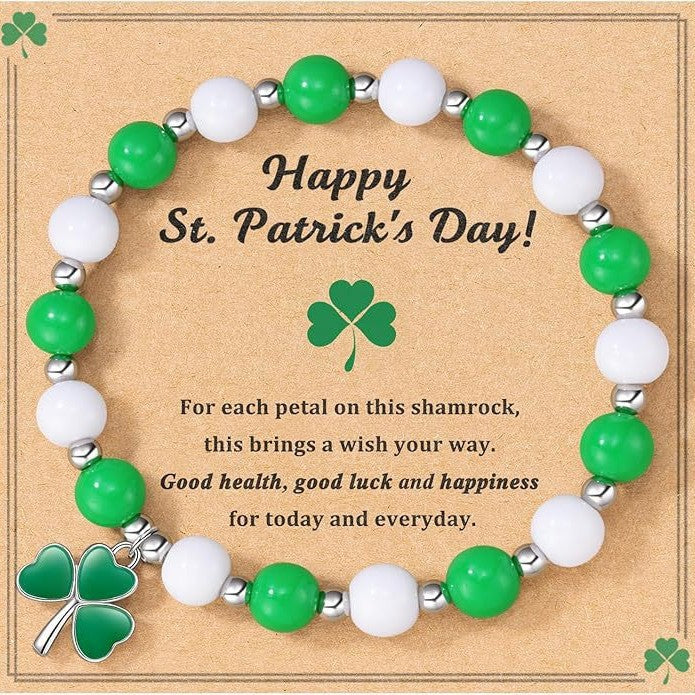 Elegant Four Leaf Clover Plant Floral Beaded Stretch Bracelet Unisex St. Patrick's Day Jewelry