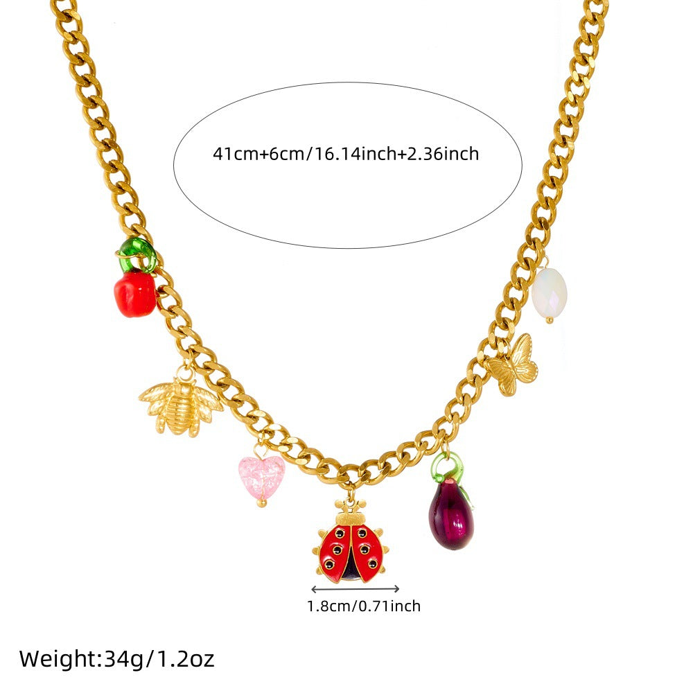 Fashion Cartoon Drip Oil Stainless Steel Butterfly Ladybug Bee Pendant Jewelry Set with Serpentine Chain for Women