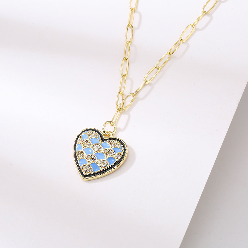 Retro Heart Pendant Necklace for Women with Copper Base Plated in 18K Gold and Enamel Finish, Set with Cubic Zirconia