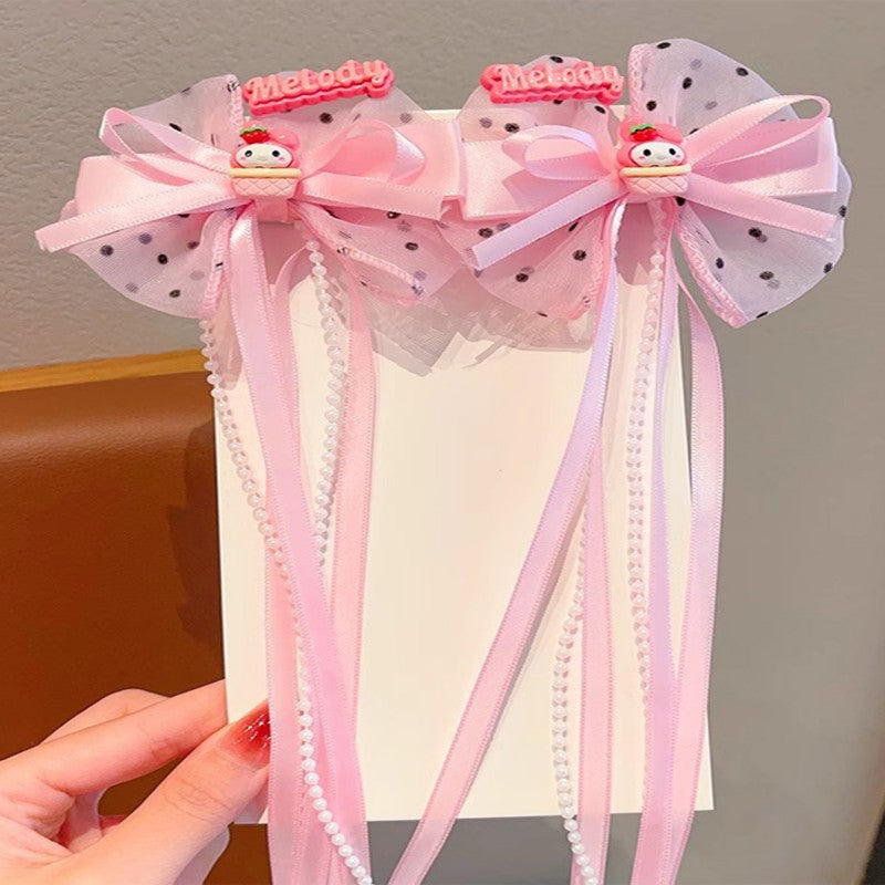 Handmade Chinese Traditional Hair Clip for Girls with Bow Shape Fabric Material and Flowing Tassels in Natural Style