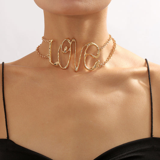 Retro Bold LOVE Letter Necklace for Women with Geometric Shape Alloy and Iron Pendant, Electroplated Finish, Choker Style