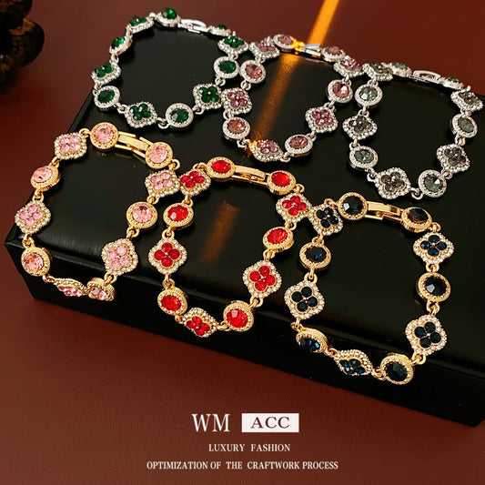 Vintage Floral Rhinestone Inlay Brass Bracelet for Women