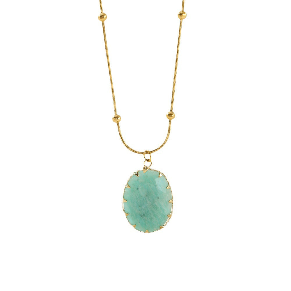 Collar de mujer vintage de lujo ligero con óvalo de turquesa y chapado en oro de 18 quilates de acero inoxidable