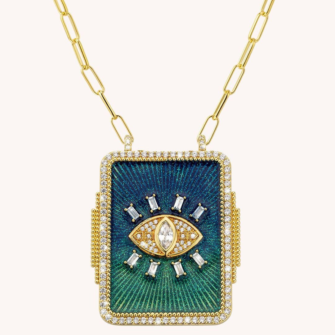Vintage Geometric Tarot Pendant Necklace with Rhinestone Inlay and Gold Plated Copper Chain