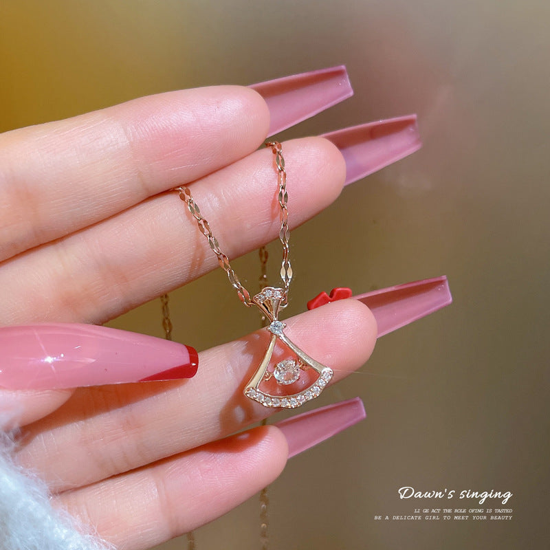 Minimalist Geometric Titanium Steel Necklace with Gold Plated Brass Pendant and Rhinestone Inlay