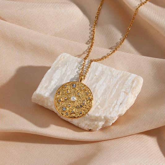 Collana con Pendente Stella a Quattro Punte Geometrica e alla Moda in Acciaio Inossidabile con Accenti di Zircone e Perla