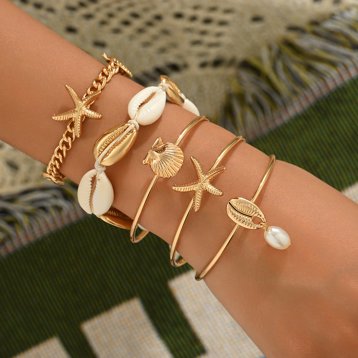 Bracciale da donna a tema oceano con stella e forme geometriche, lega di zinco, conchiglie e stelle intrecciate a mano, gioielli per feste in spiaggia e vacanze