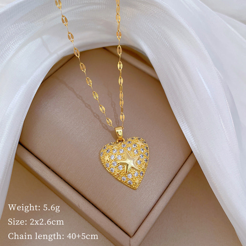 Luxury Minimalist Sweet Geometric Rhinestone Pendant Necklace for Women Titanium Steel O-Chain