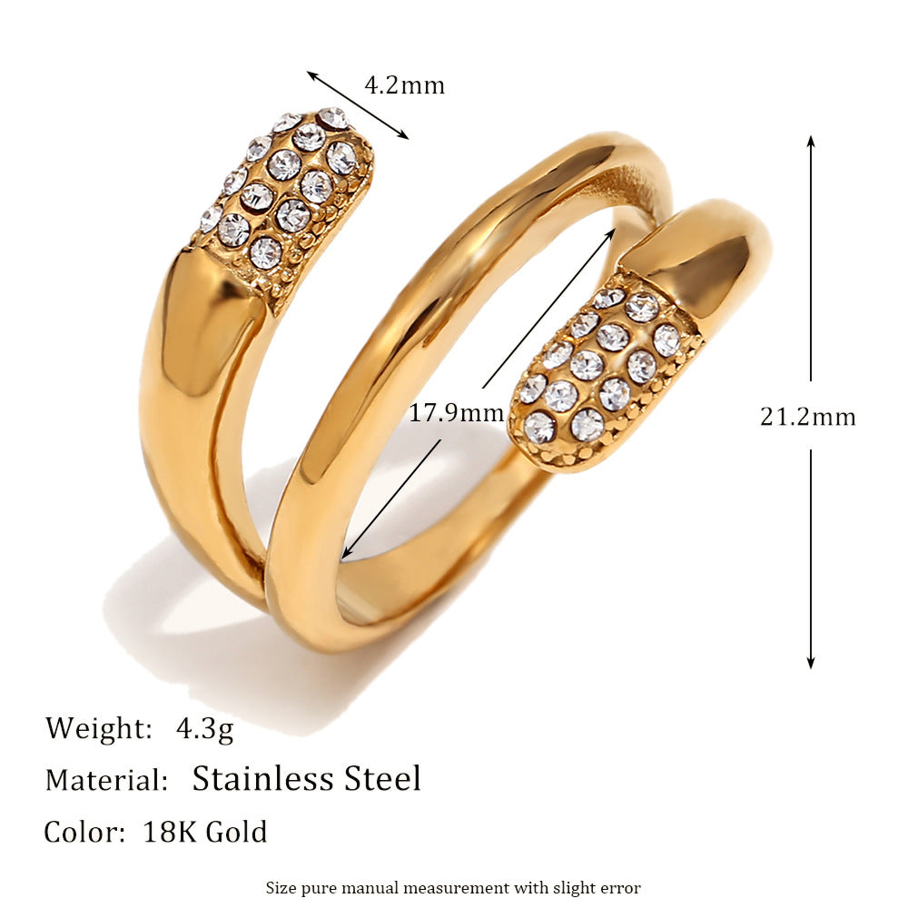 Creative Geometric Stainless Steel Ring with 18K Gold Plating and Rhinestone Accents for Women