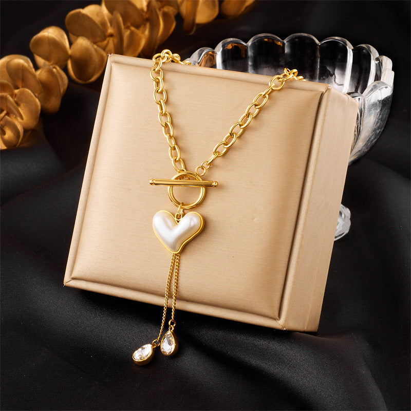 Vintage Fashion Pearl Heart Pendant Stainless Steel Gold Plated Necklace with Tassel and OT Clasp