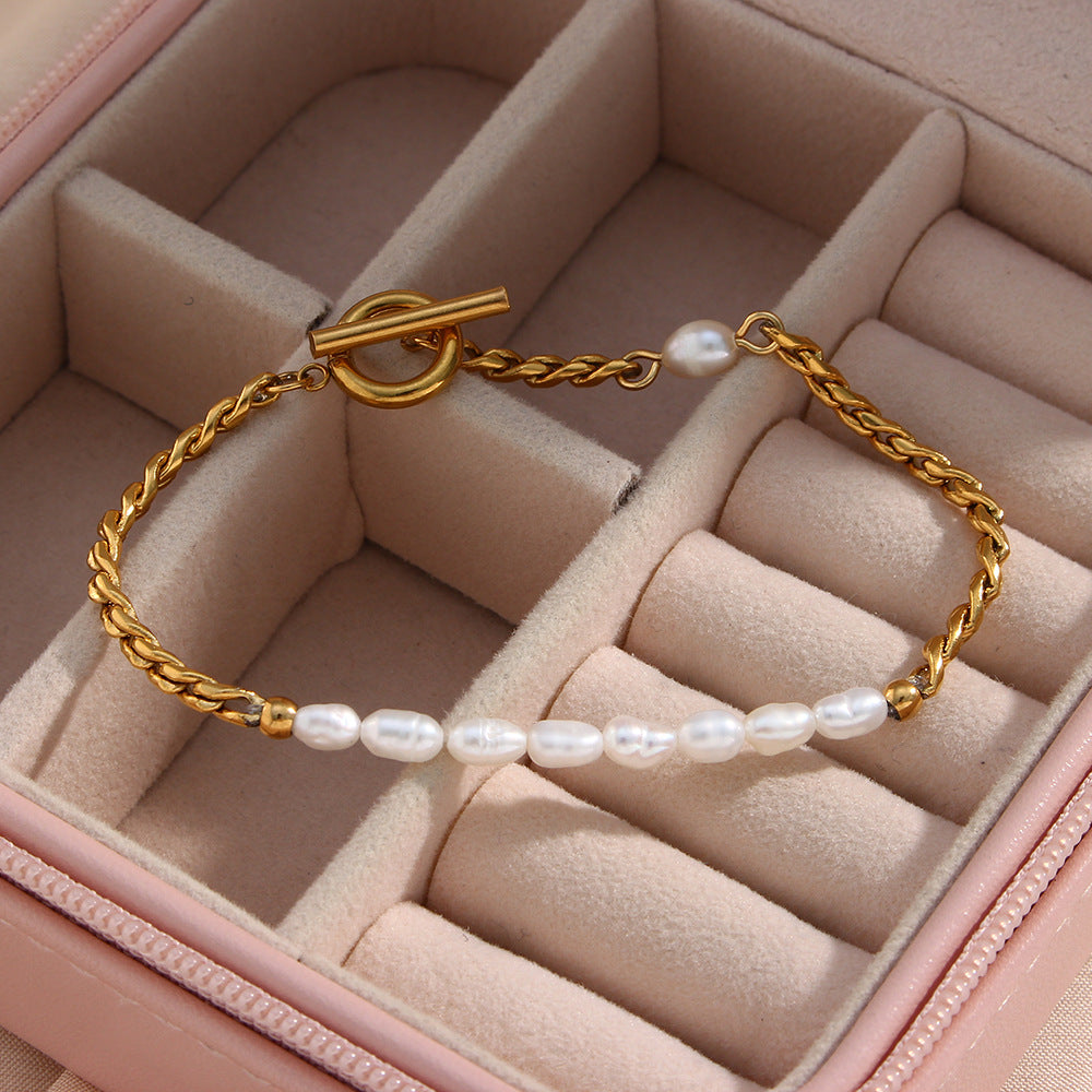 Pulsera Minimalista de Moda Geométrica de Acero Inoxidable con Chapado Trenzado y Perlas de Agua Dulce para Mujer
