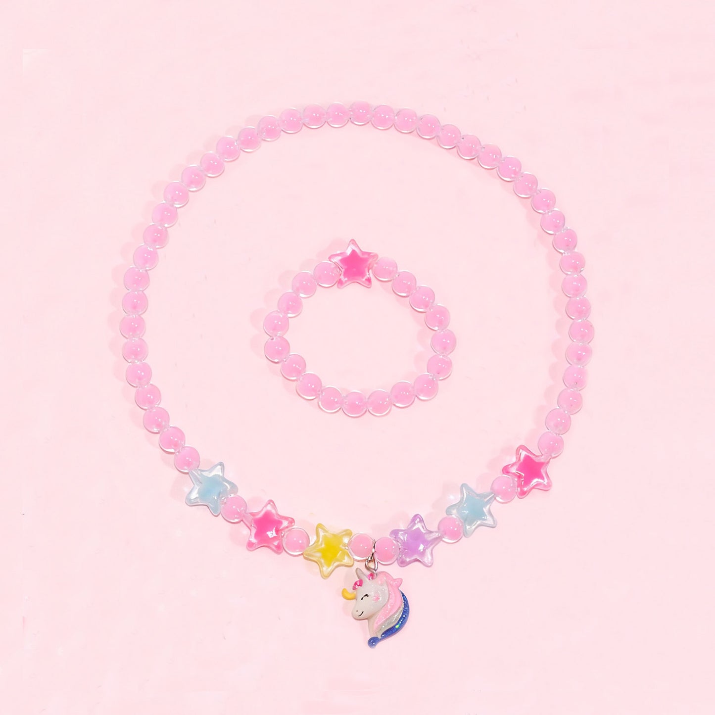 Cartoon Style Unicorn and Heart-Shaped Resin Beaded Necklace Set for Girls with Round Bead Chain