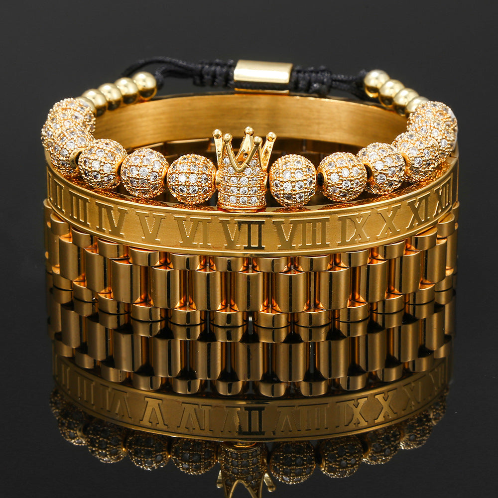 Vintage Hip-hop Crown Letter Braided Cubic Zirconia Titanium Steel Bracelet Set