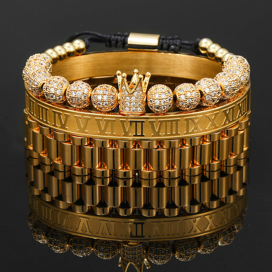 Vintage Hip-hop Crown Letter Braided Cubic Zirconia Titanium Steel Bracelet Set