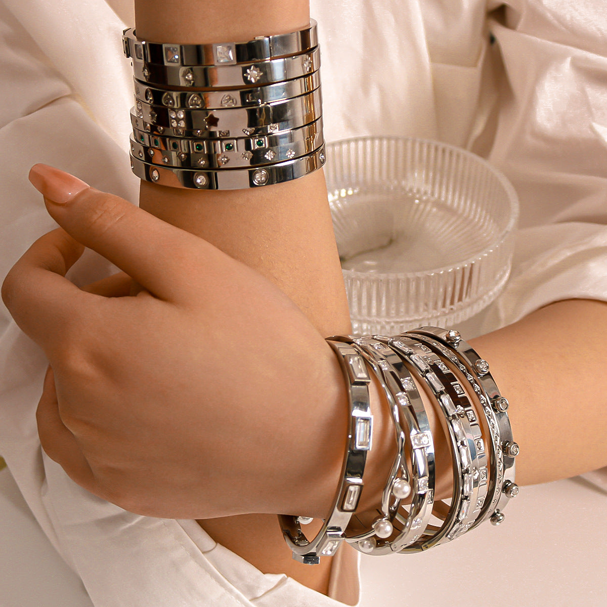 Vintage French-Inspired Geometric Cuff Bracelet in Stainless Steel with 18K Gold Plating and Zircon Inlays Waterproof Hypoallergenic