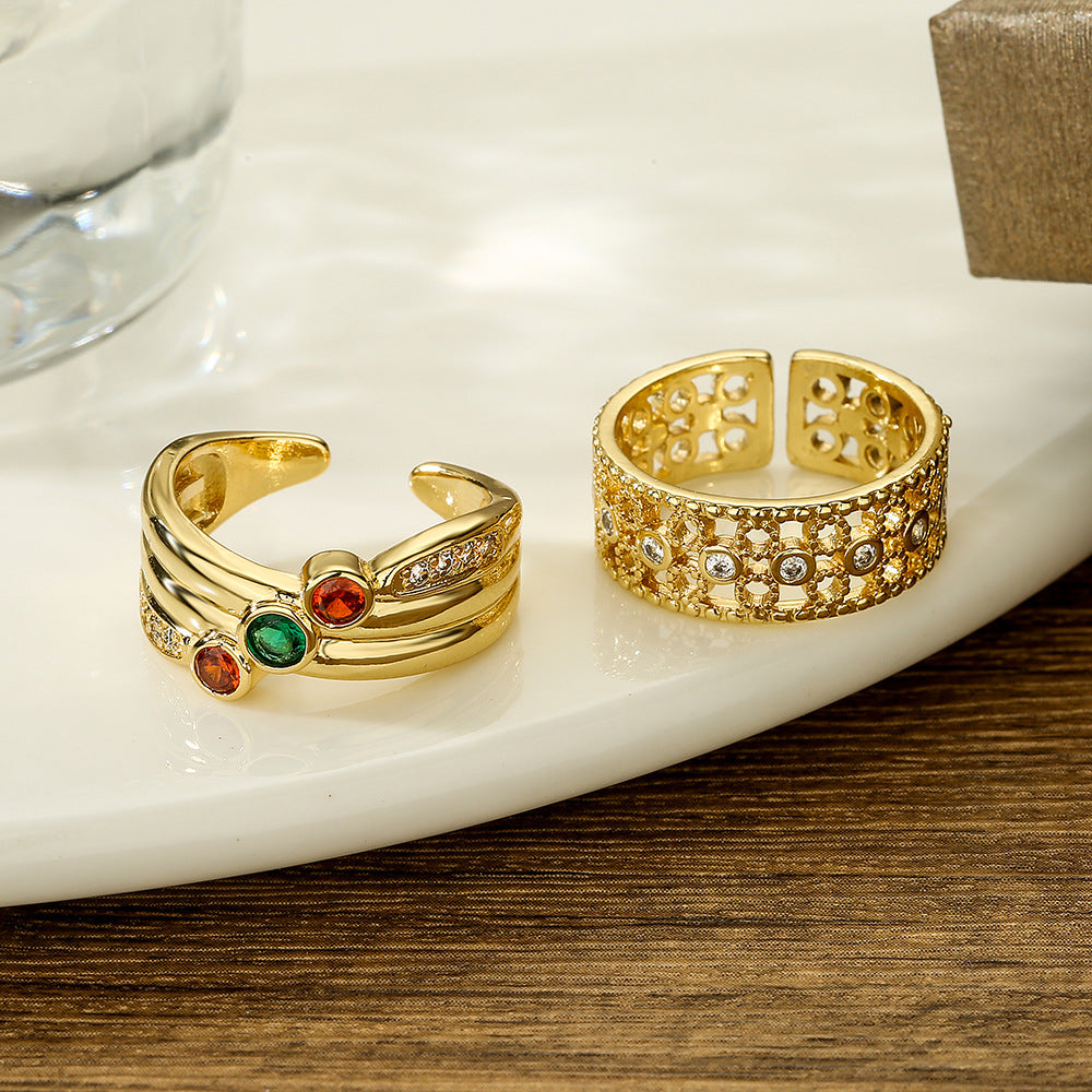 Minimalist Geometric Copper Ring with Real Gold Plating and Zircon Inlay for Women Adjustable Fashion Ring