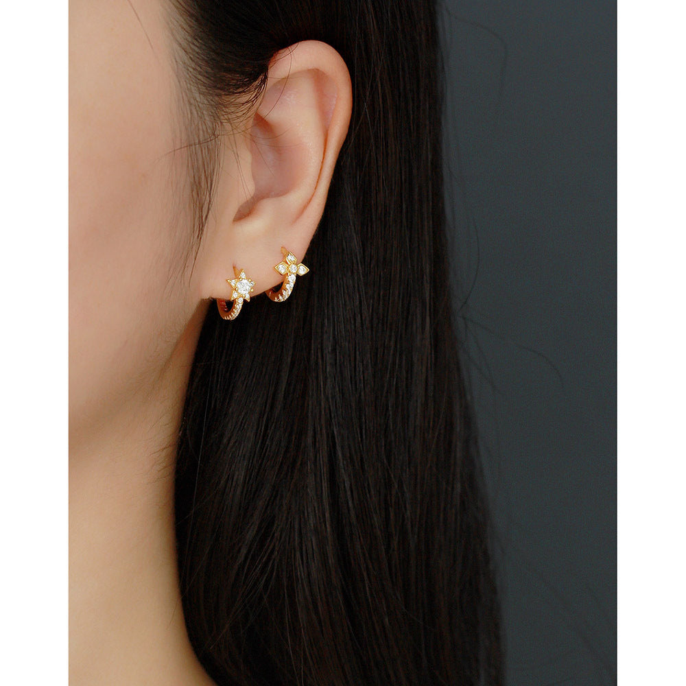 Sweet 925 Sterling Silver Star Stud Earrings with Rhinestone Inlay