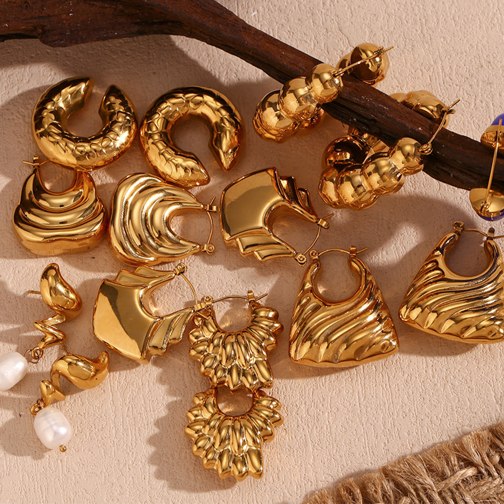 Orecchini a Clip da Donna in Acciaio Inox con Stampa Geometrica Serpente Vintage, Placcati Oro 18K