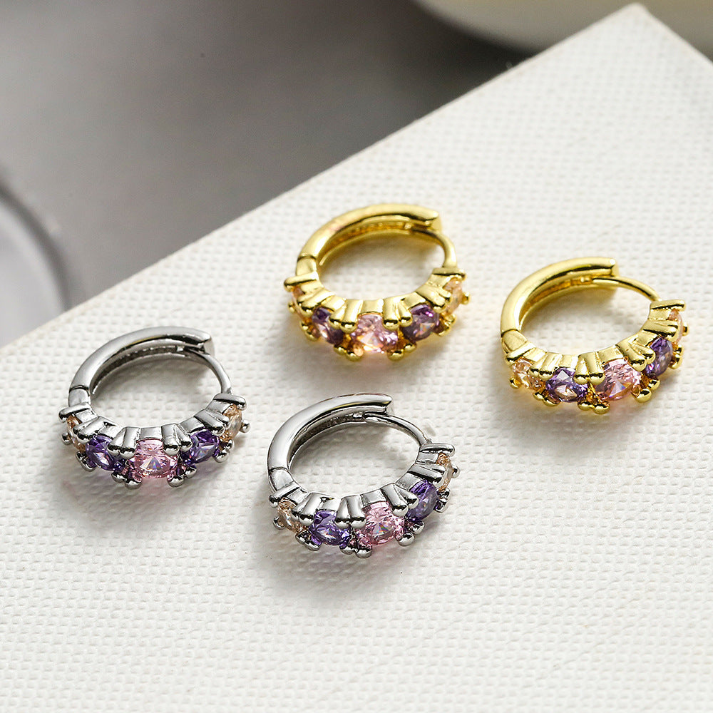Orecchini a Cerchio Minimalisti Geometrici in Rame con Placcatura in Oro Vero e Intarsi in Zirconi per Donna