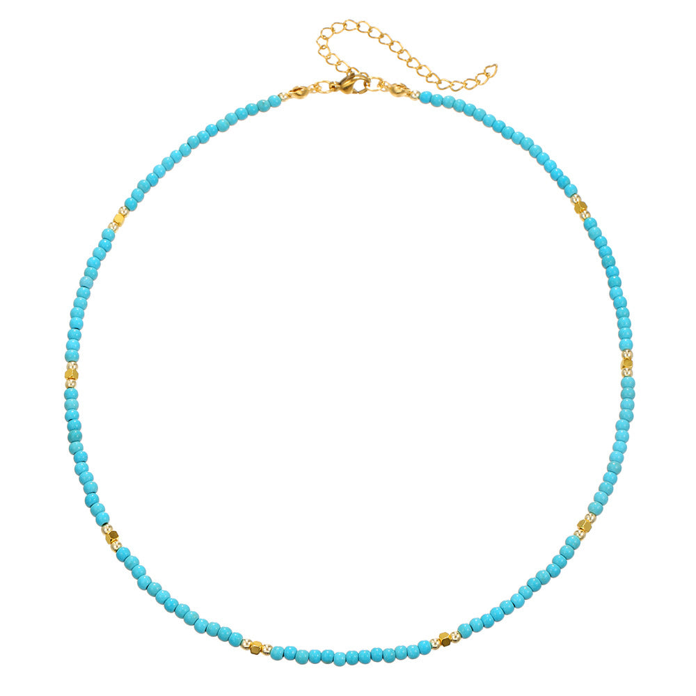 Geometric Evil Eye Pendant Necklace for Women with Stainless Steel Chain, Imitation Pearl and Crystal Beads, Turquoise Accents, Dopamine Jewelry