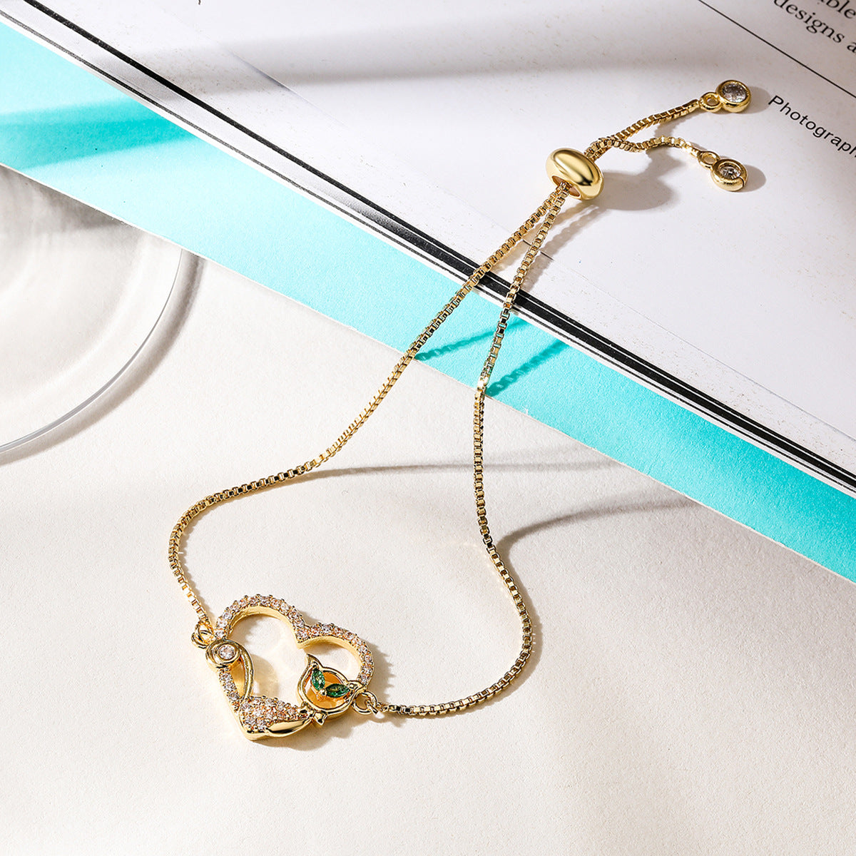 Fashionable Minimalist Heart-Shaped Copper Plated Gold Zircon Cat Bracelet for Women