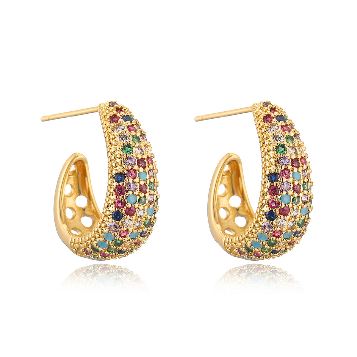 Orecchini Geometrici Minimalisti in Rame con Placcatura in Oro Vero e Intarsi in Zircone per Donna