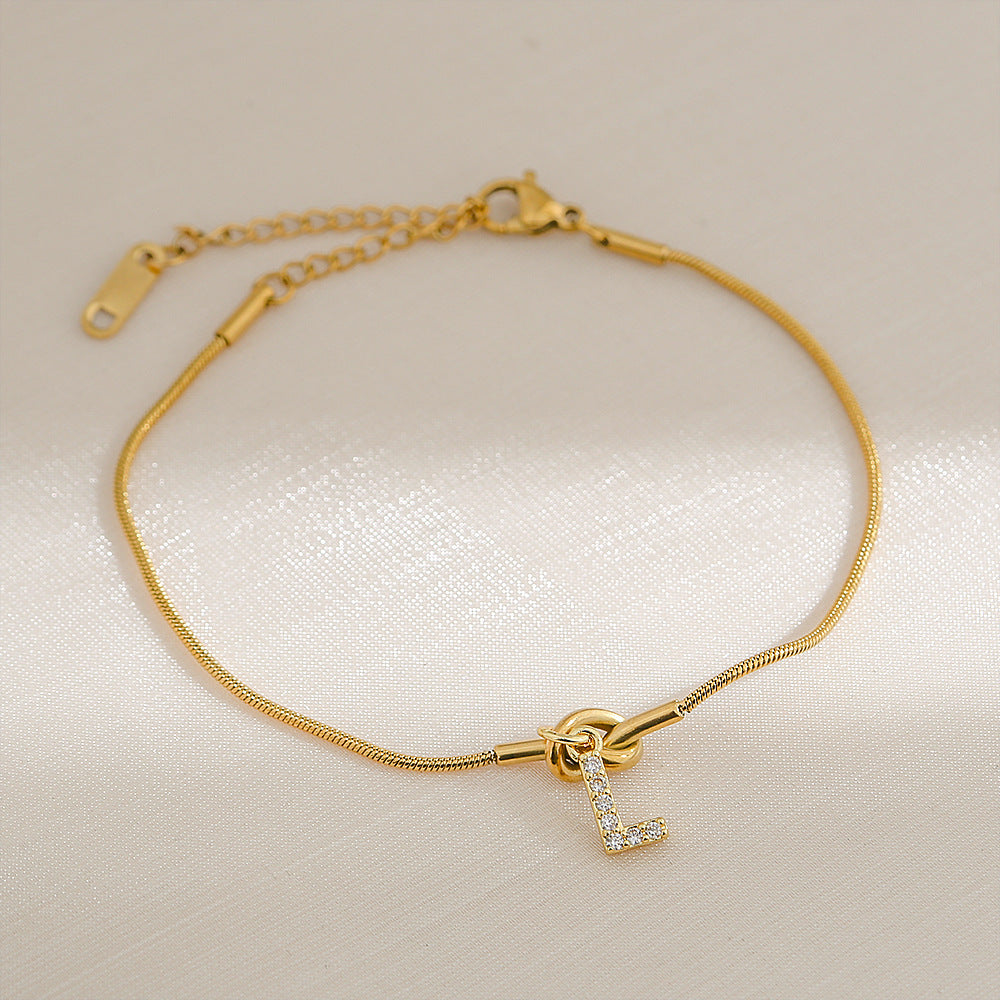 18K Gold Plated Stainless Steel Letter Heart Knot Charm Bar Bracelet for Women