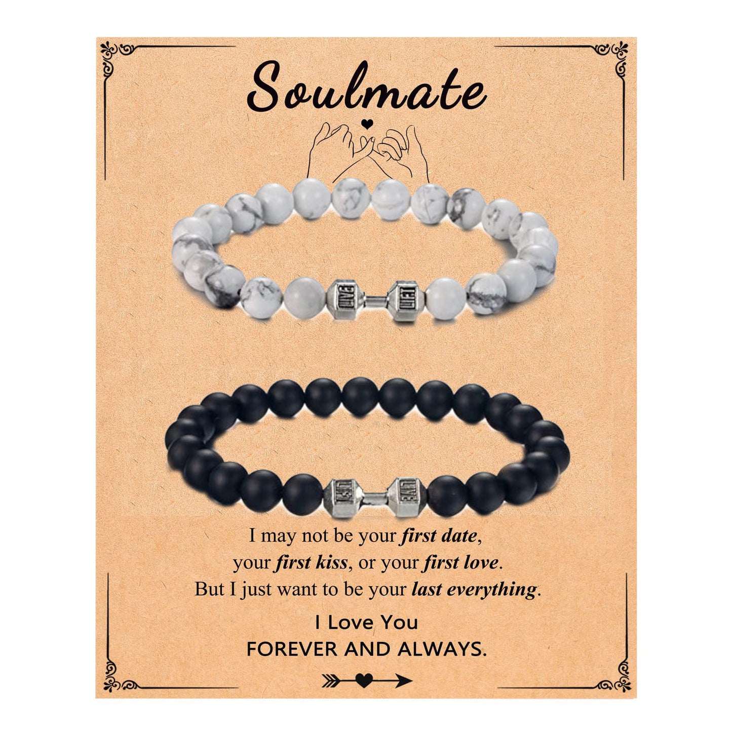 Minimalist Black and White Matte Geometric Dumbbell Pendant Turquoise Beaded Bracelet Set for Couples
