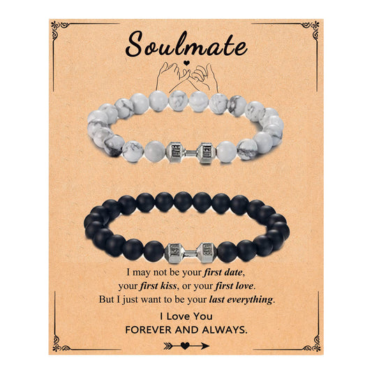 Minimalist Black and White Matte Geometric Dumbbell Pendant Turquoise Beaded Bracelet Set for Couples