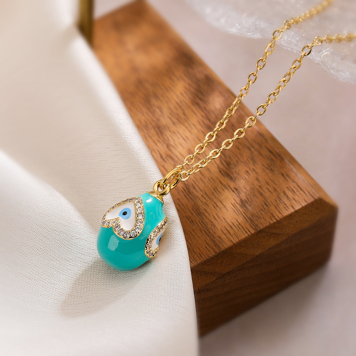 Minimalist Geometric Evil Eye Pendant Necklace with Copper Base Plated in 18K Gold and Enamel Finish, Zircon Inlay