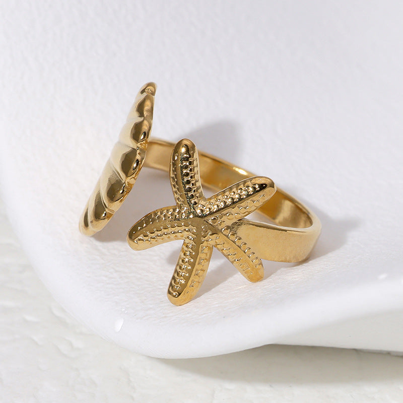Anello Aperto Regolabile in Acciaio Inossidabile con Stella Marina Minimalista e Conchiglia per Donna Stile Vacanza al Mare
