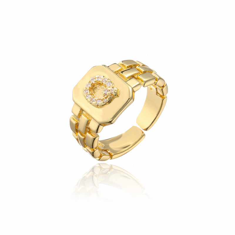 Minimalist Adjustable Open Ring with 18K Gold Plated Copper Band and AAA Zircon Letters Design