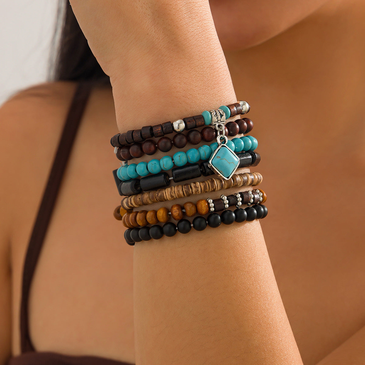 Bohemian Vintage Ethnic Geometric Alloy Plated Turquoise Bracelet Set for Women